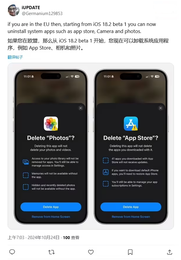 桐庐苹果手机维修分享iOS 18.2 支持删除 App Store 应用商店 