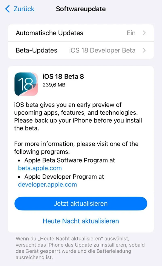 桐庐苹果手机维修分享苹果 iOS / iPadOS 18 开发者预览版 Beta 8 发布 